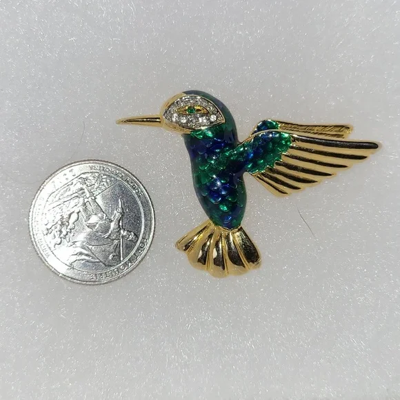 Hummingbird Brooch Green & Blue Enamel & Crystal Rhinestones Bird of Paradise 2" - Picture 3 of 8